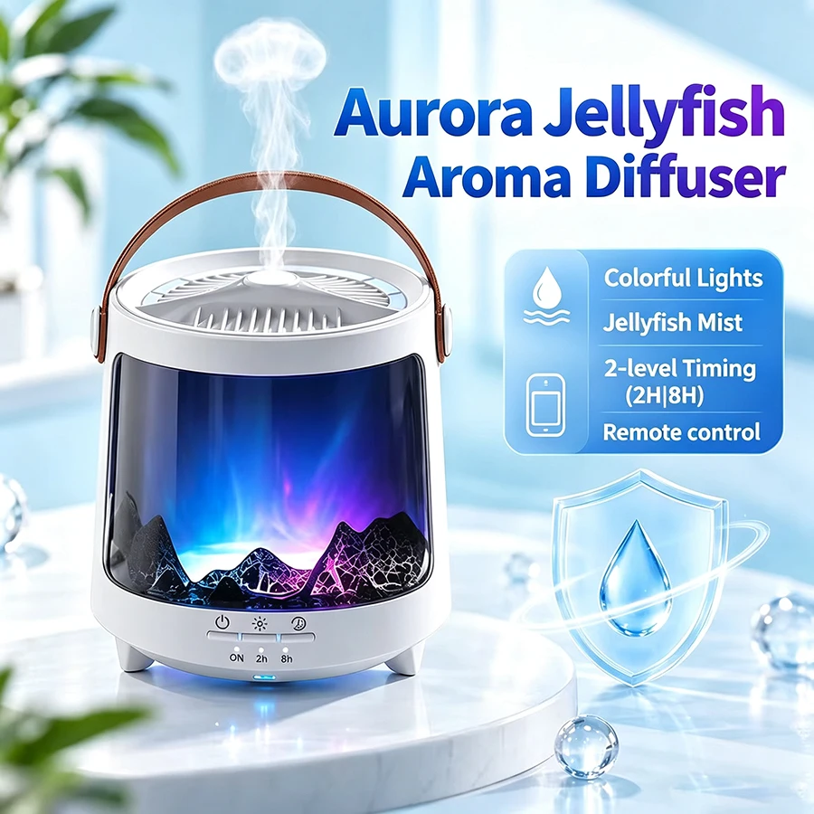Festive Aurora Jellyfish Humidifier, 7 Color Light, Dual Mist, 300ml, 2H/8H Timer, Essential Oil Diffuser, for Christmas Gift