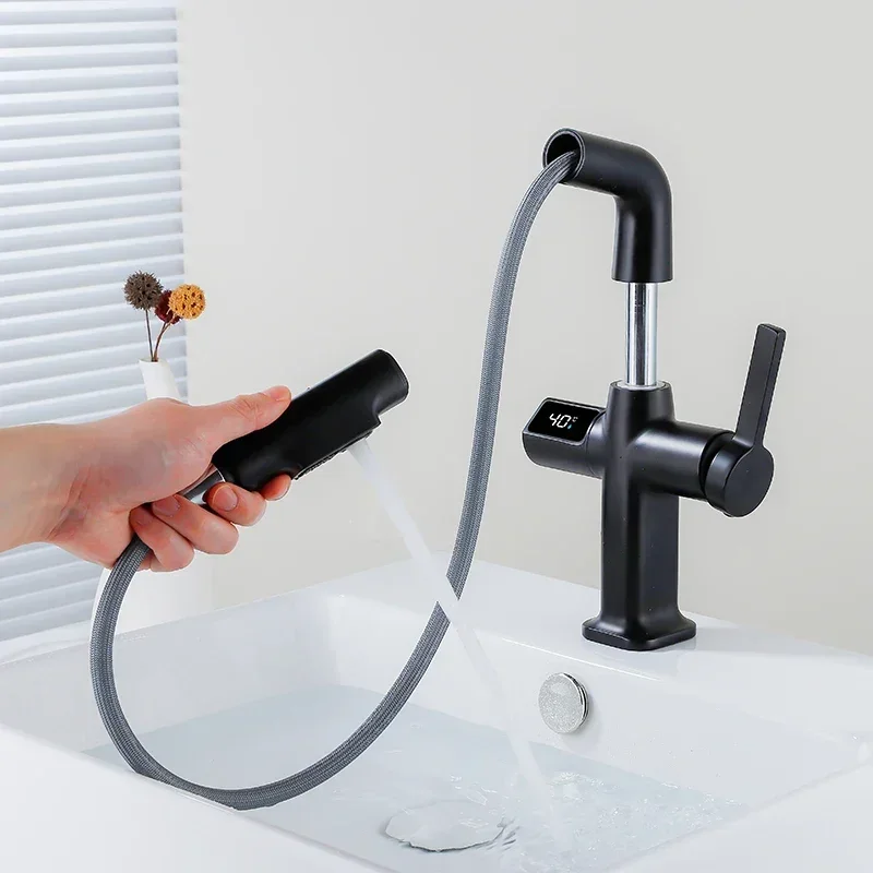 Brass Digital Display Kitchen Sink Faucet Lifting and Pull Out Washbasin Taps Household Intelligent Cold and Hot Water Mixer Tap
