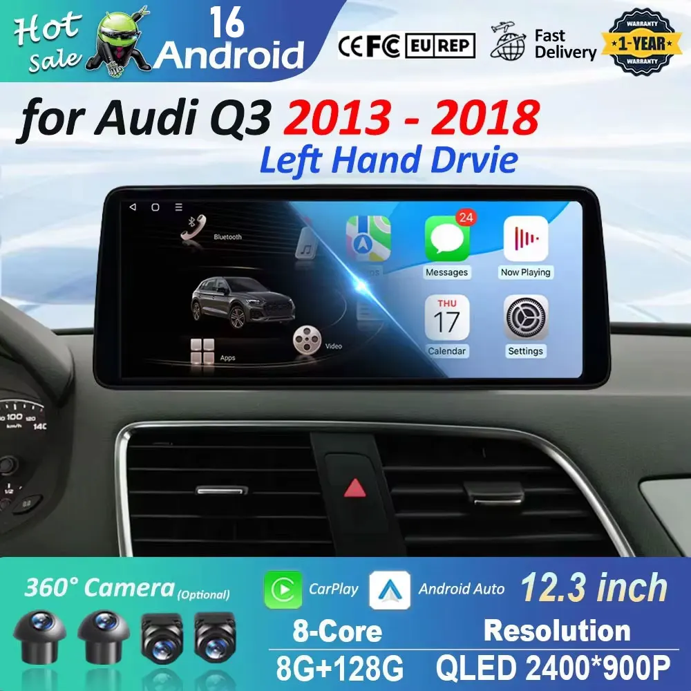 

Автомобильный радиоприемник-мультимедийный плеер 12,3 дюйма Android 16 для Audi Q3 2013-2018 BT 4G GPS DSP Стерео Wi-Fi Ультратонкий сенсорный экран QLED