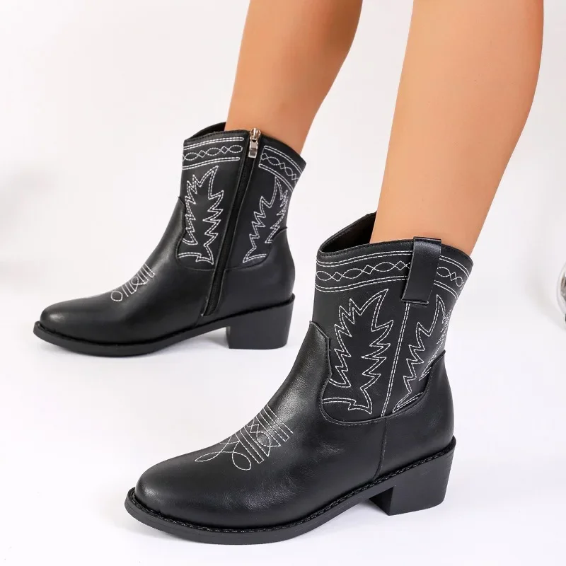 2023 Outdoor Shoes for Women Side Zip Ankle Women's Boots Retro Office Boots Women Embroidery Round Toe Square Heel Ladies Shoes