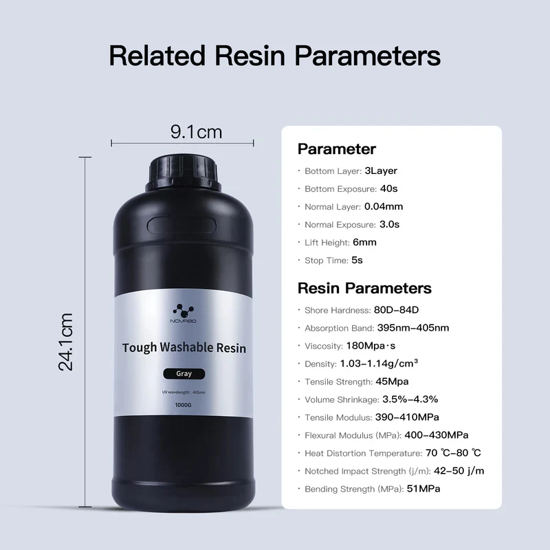 NOVA3D Tough Washable Resin High Toughness 3D Printing Photopolymer Resin 405nm UV Fast Cure for 12K/14K/LCD/DLP/SLA Printers