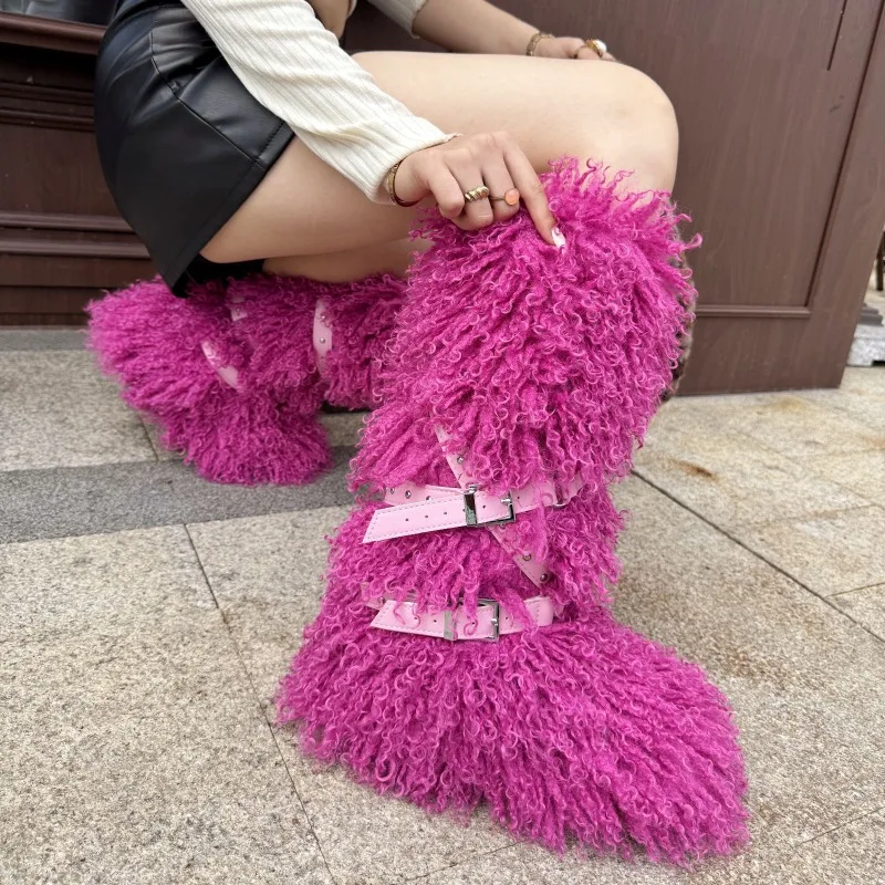 

2025 New Designer Luxury Women Fluffy Real Fur High Tube Snow Boots Long Fur Mongolian Wool Boots Knee High Snow Boot