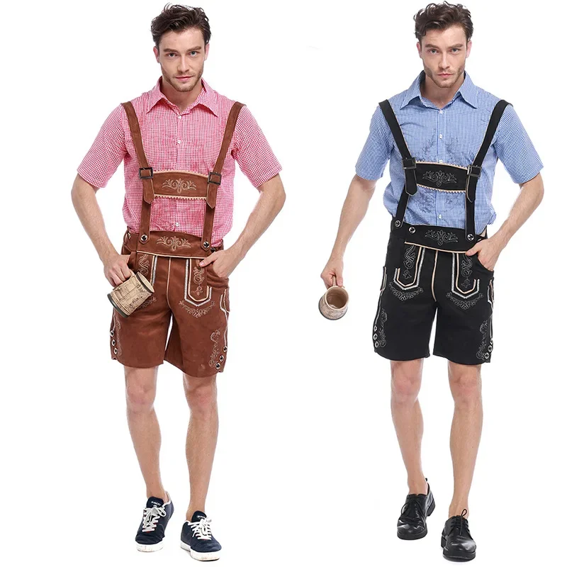 Male Traditional German Oktoberfest Costumes Bavarian Lederhosen Suspenders Shorts Men's Halloween Cosplay Outfit