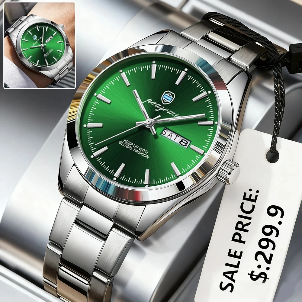 

PAAZOMU Luxury Business Men's Quartz Watches Date Week Man Stainless Steel Watch Waterproof Luminous Fashion Men Wristwatch+Bo