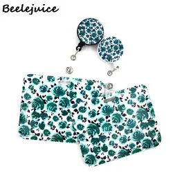 Blue Flower Rose Horizontal Card Holder Women Men Business Lanyard Badge Card Case Women Card Cover Student Lanyard ID Name Bags