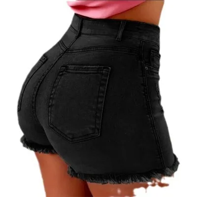 High Waist Stretchy Denim orts Women's Ripped Fringed Jeans Cotton Tight Fit mid Stretch Bla Color Spring Season Faion