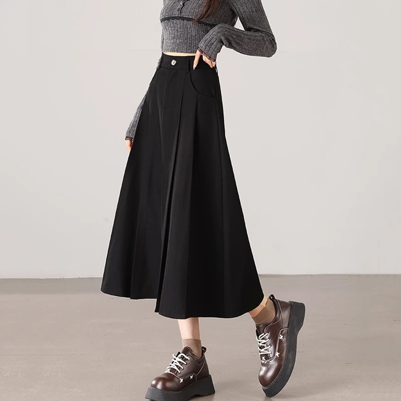 Autumn Winter Suit A Line Skirts Women Korean High Waist Midi Length Pleated Skirt Woman Preppy Style Solid Color Long Skirts