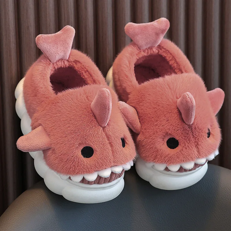 Winter Heel Wrap Cotton Children's Slippers Cute Cartoon Shark Non-slip Soft Sole Kids Boys Girls Junior Warm Plush Home Shoes