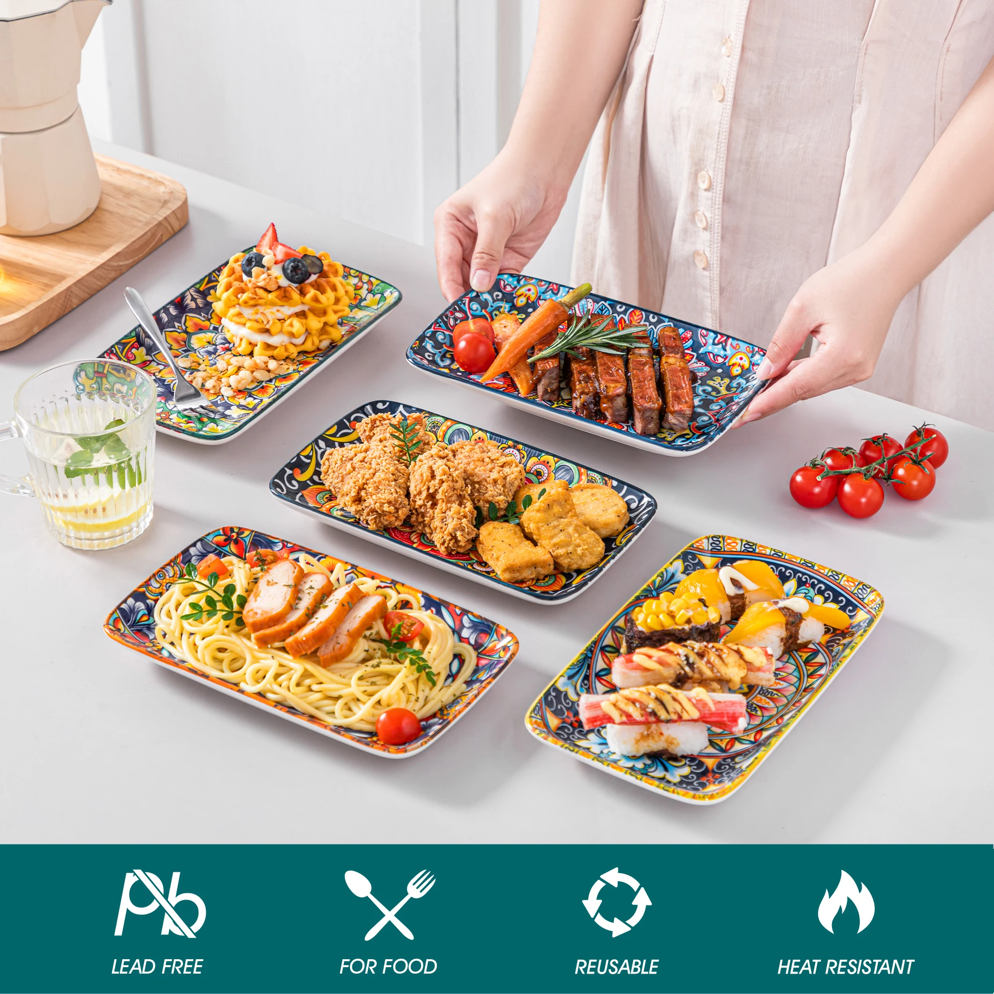 فانكاسو 6/12 قطعة أطباق تقديم مستطيلة من البورسلين بوهيمية 8.5 بوصة طقم أطباق عشاء لحم البقر/الطعام/المعكرونة/المعكرونة 6 أشخاص #3