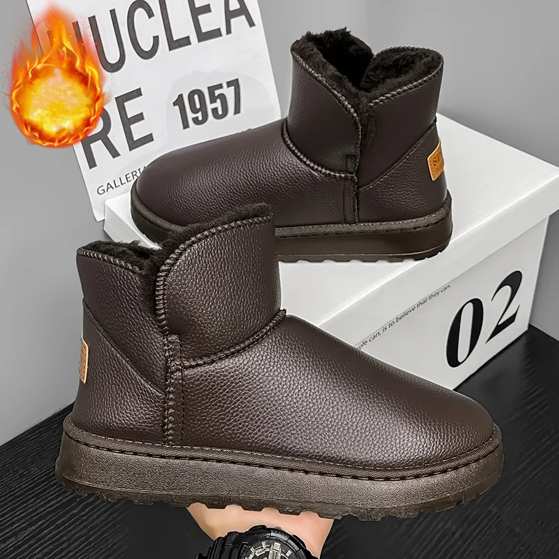 Men's and Women's Autumn and Winter Short Snow Boots, Waterproof Leather Surface with Thick Plush Lining, Thick Sole, Non-Slip, Cold-Resistant, Outdoor Warm Cotton Boots