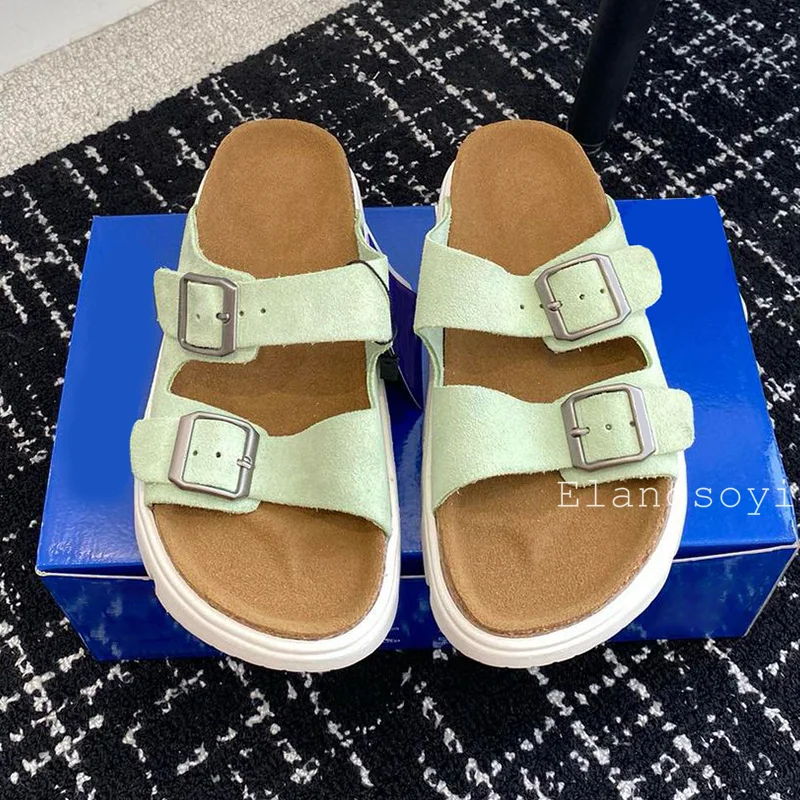 Summer Women\'s Artificial Suede Solid Color Slippers Thick Soled Waterproof Platform Sandals Outdoor Leisure Vacation Dress Shoe