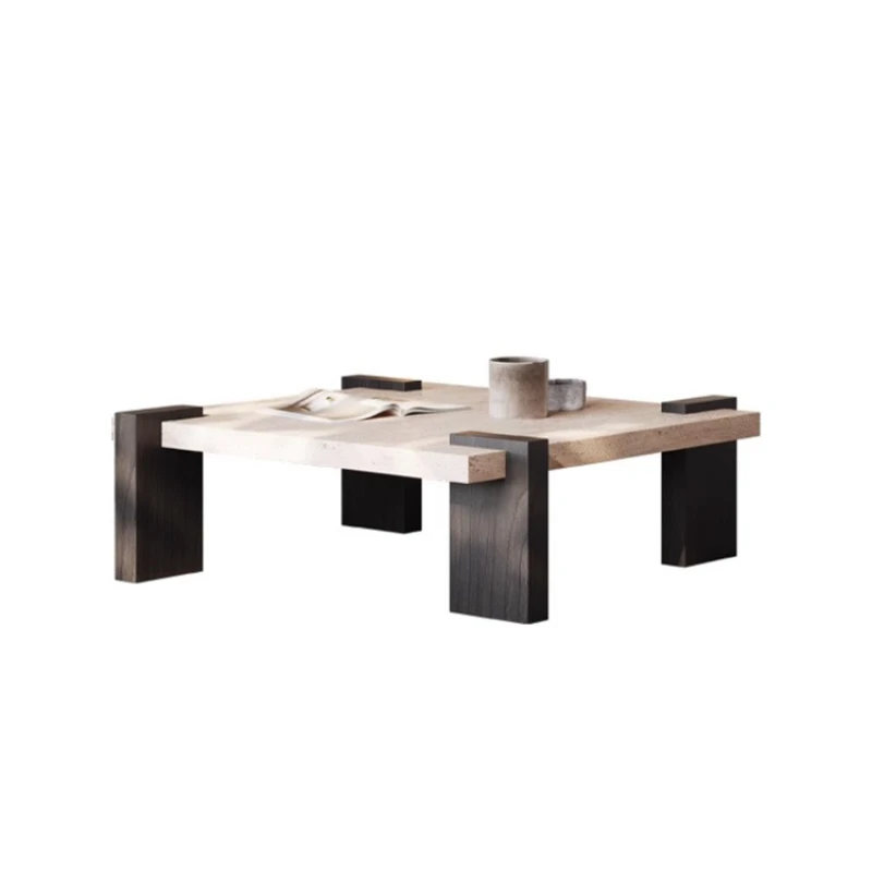 

Natural beige travertine coffee table Nordic wabi style simple living room home high-end marble solid wood coffee table