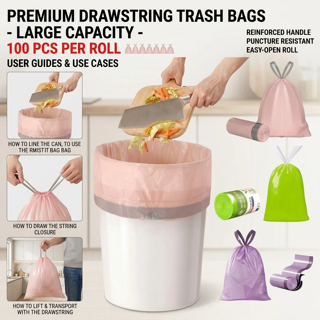 100Pcs Thickened And Durable Garbage Bags, For Bathrooms, Kitchens, And Living Rooms Drawstring Design For Easy Lifting