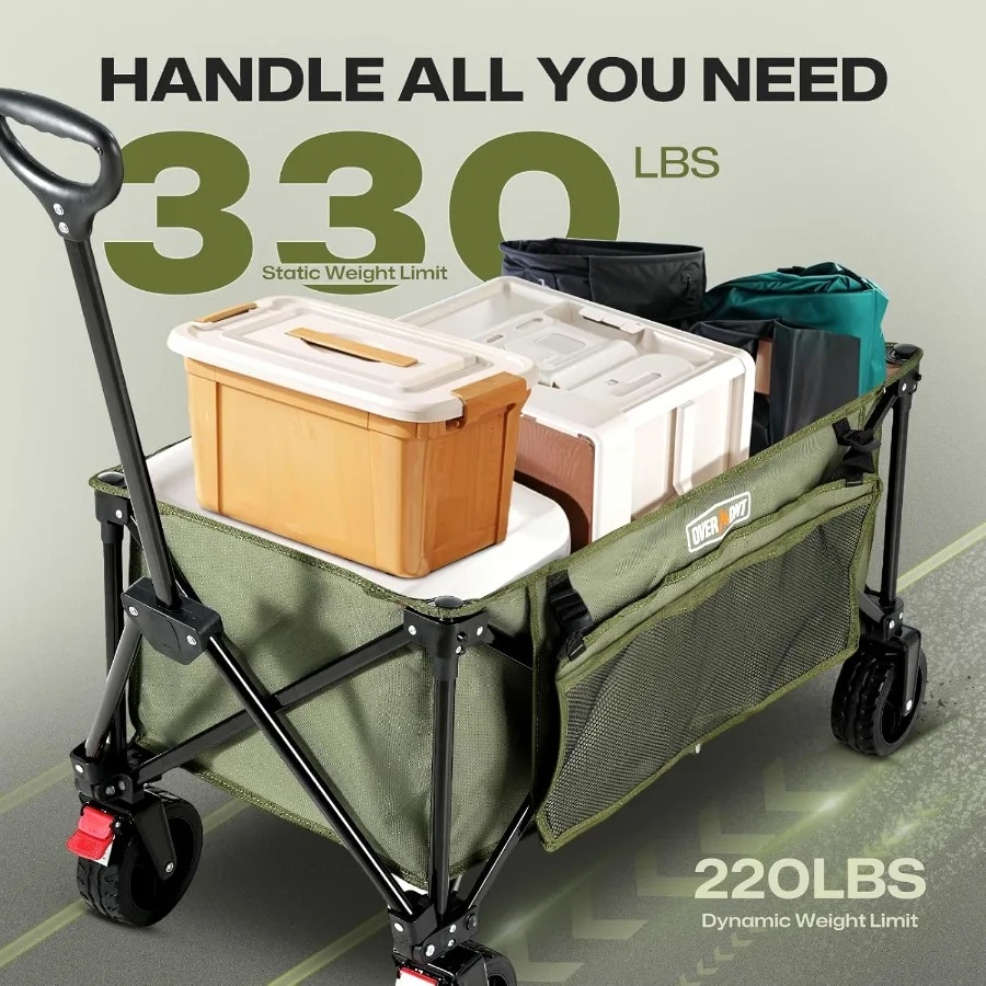 Chariot pliable avec roues Wagon robuste pliable de 180 L avec grandes roues tout-Terrain Capacité de poids de 330 lb avec côté P