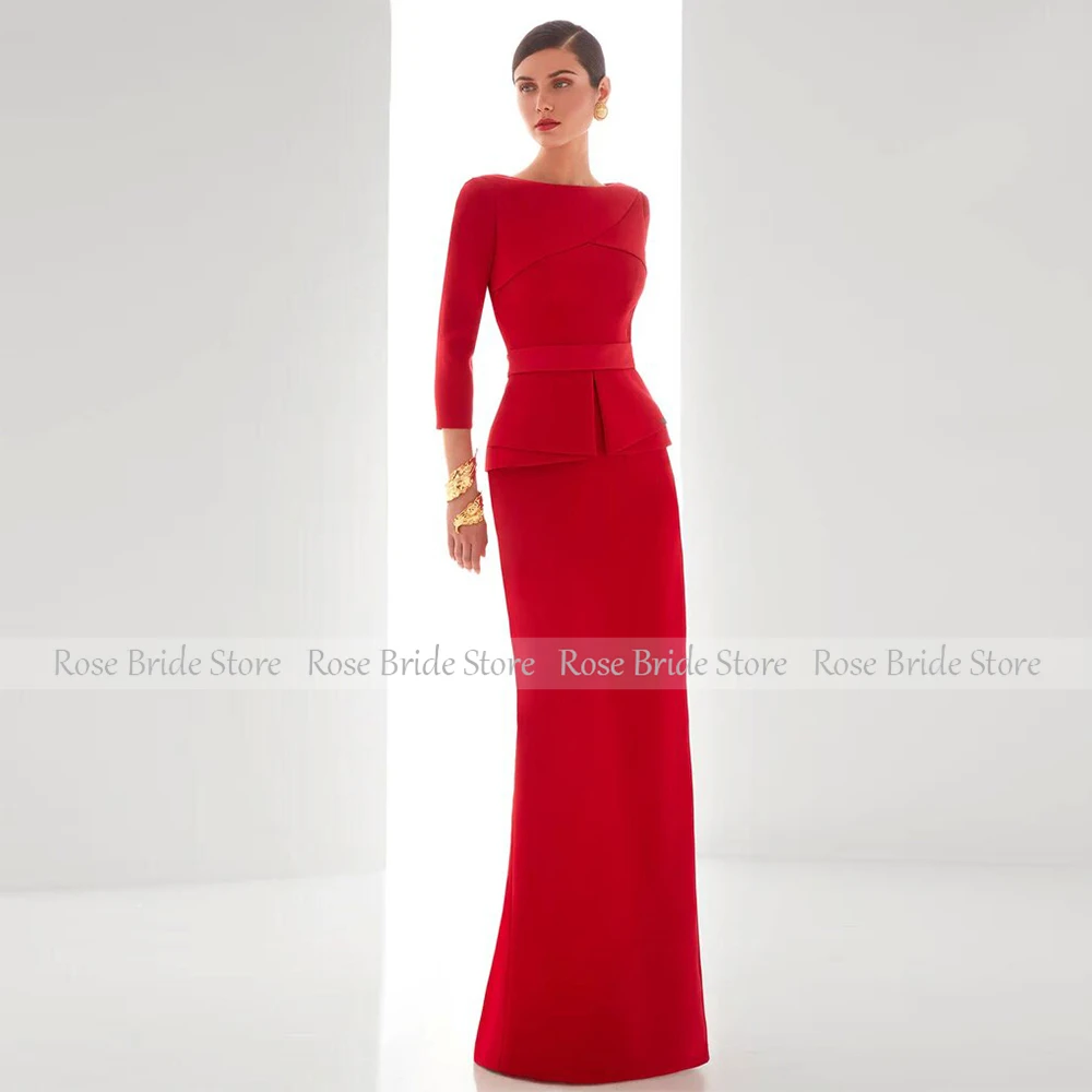 Classic Elegant Party Dresses Woman Red Jersey Ruffles Straight Boat Neck Floor Length Dresses Bespoke Occasion Gown