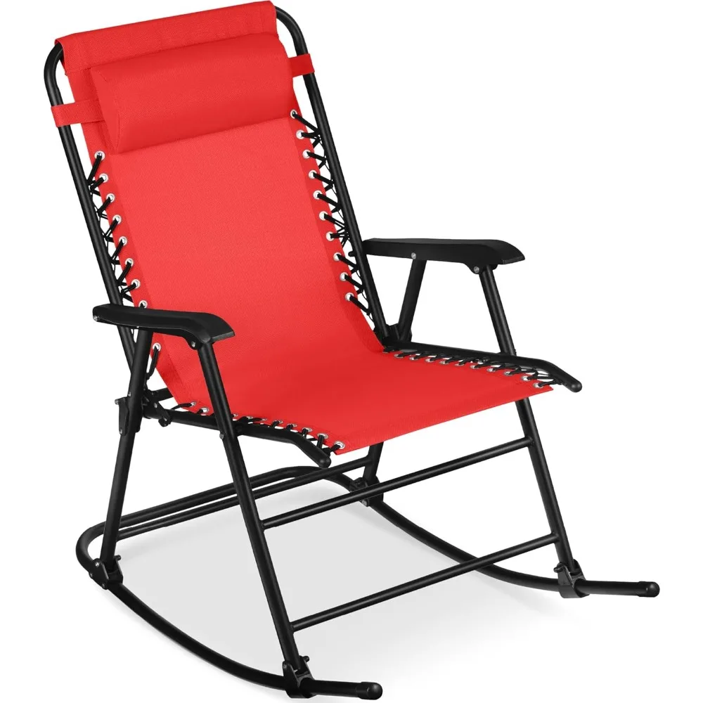 

Outdoor Folding Rocking Chair, Zero Gravity Lounge Chair, Patio Rocker w/Headrest Pillow - Crimson Red