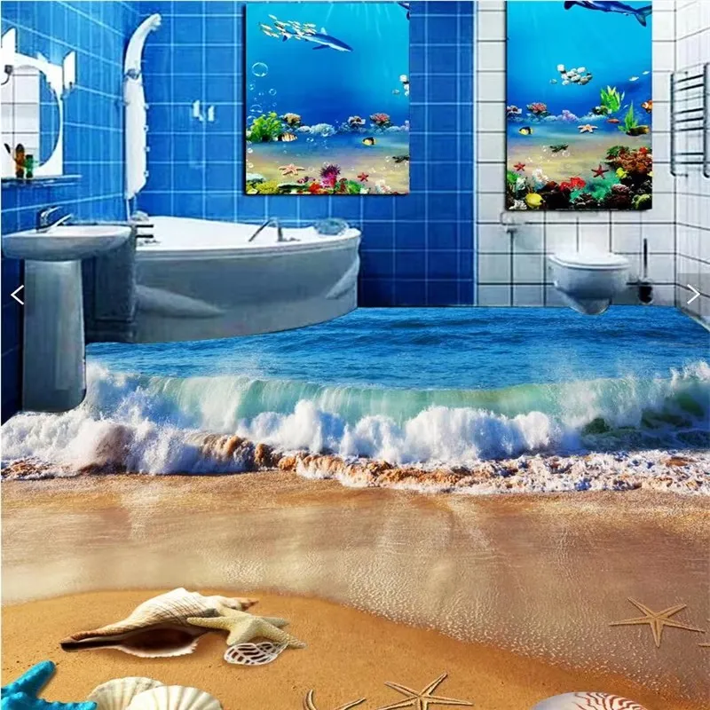 Custom floor painting 3d wave beach painting wallpaper bedroom living room fantasy waterfall water green forest floor home decor