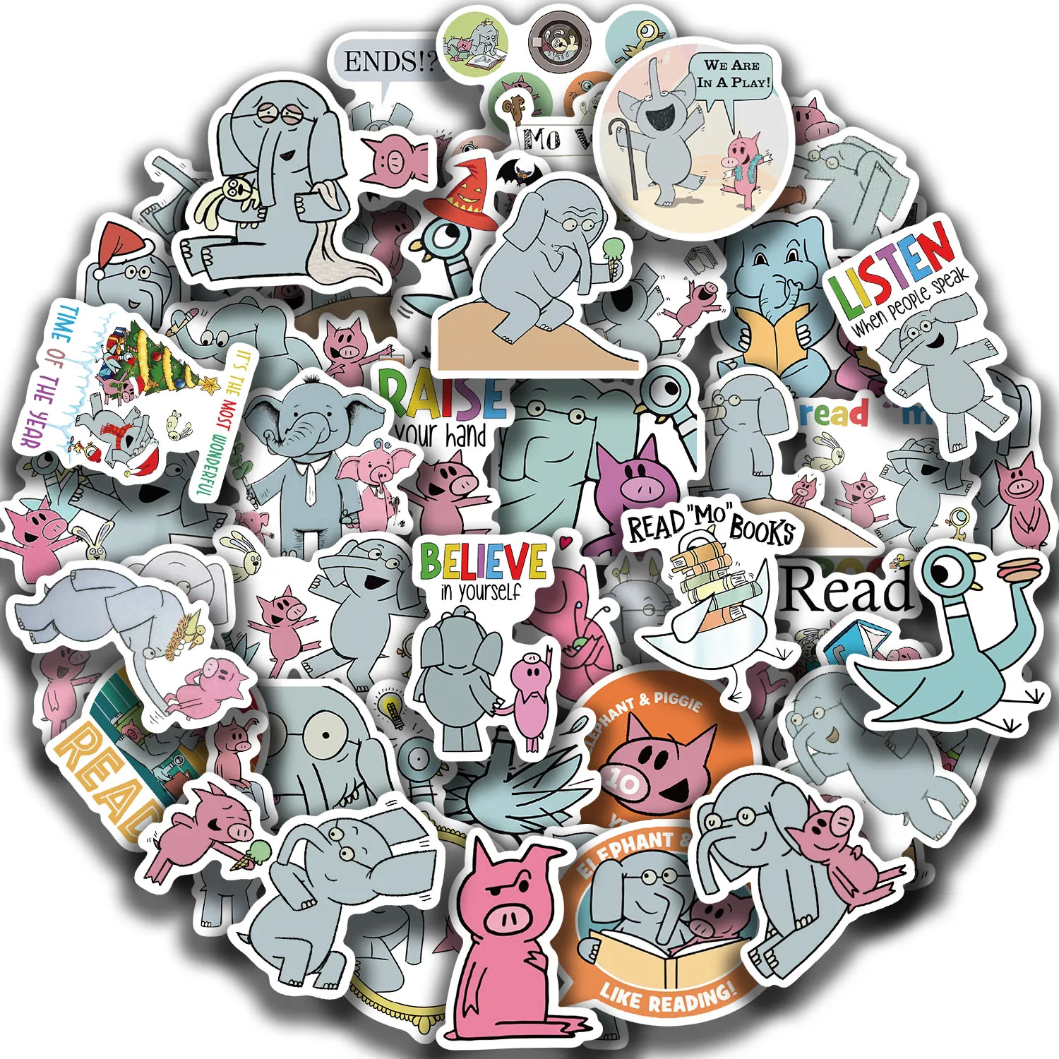 

50pcs Elephant and Piggie Stickers For Water Bottle Laptop Luggage Notebook Sticker Cartoon Cute Children Kids Toys Decals ﻿