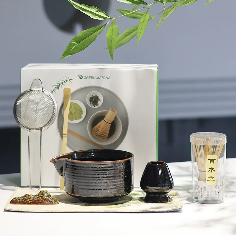 

7-8Pcs Japanese Style Matcha Tea Set, Handmade Ceremony Kit with Flowing Mouth Tea Wok, Whisking Tea Utensils