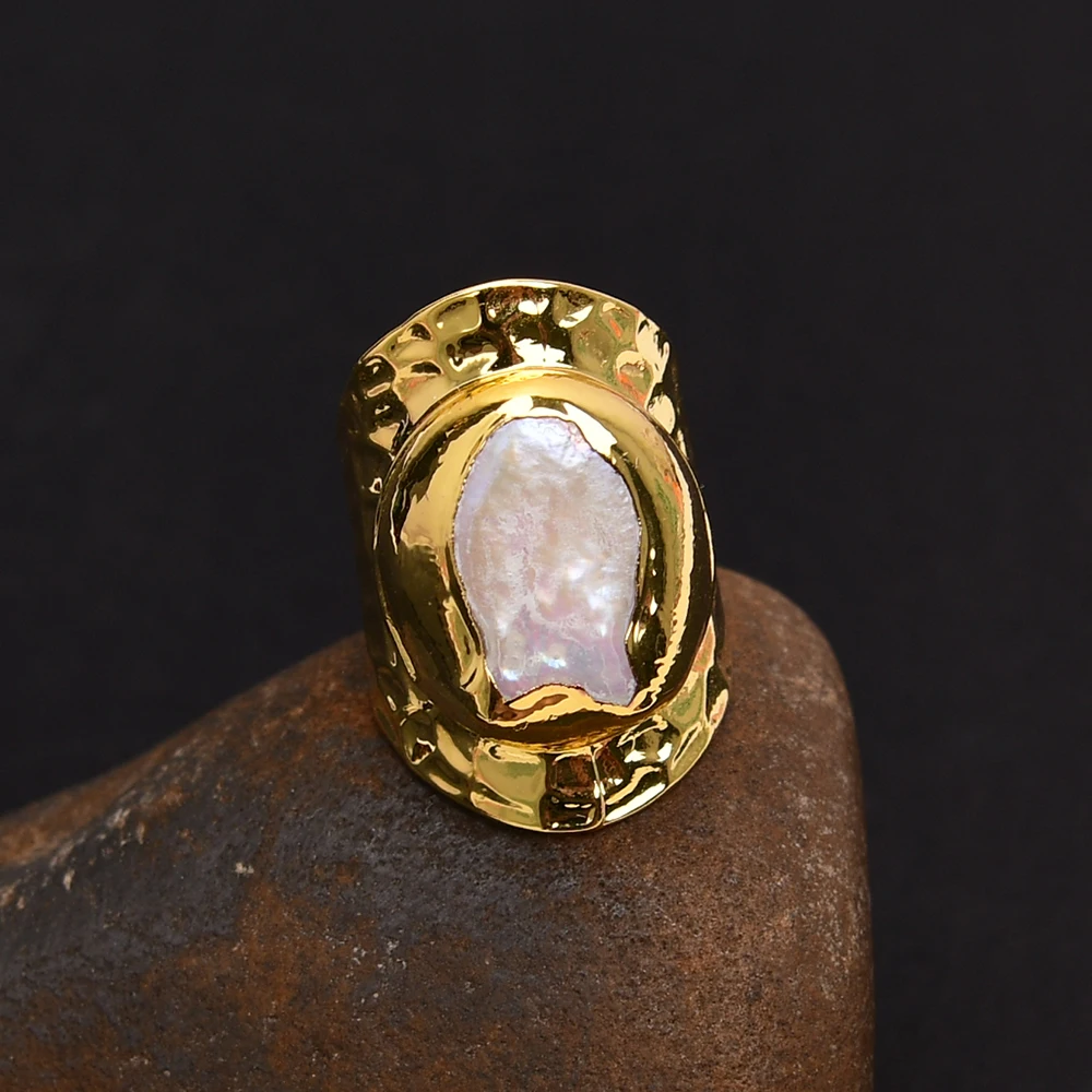 G-G Natural Cultured White Keshi Pearl Gold Plated Finger Ring Adjustable Rings For Women Jewelry Lady Simple Ring Gifts