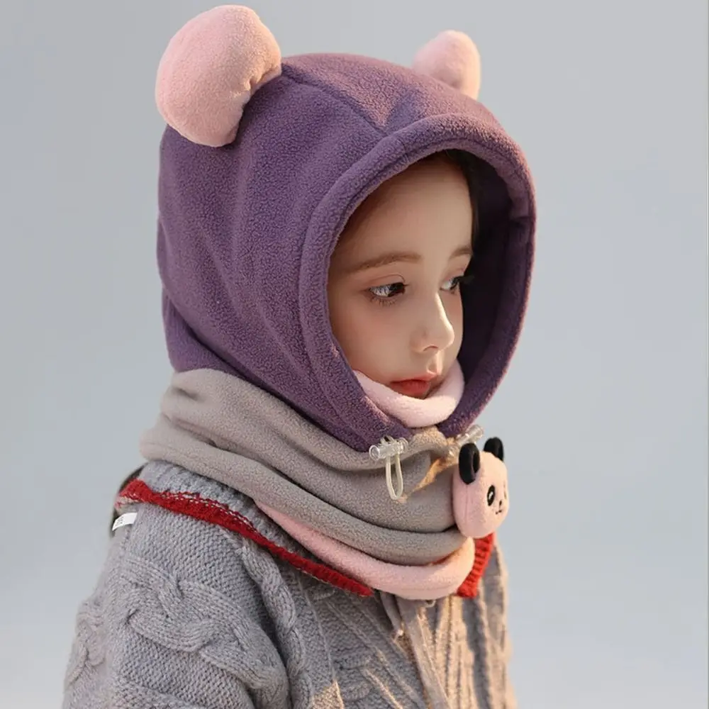 Cartoon Warm Panda Plush Scarf with Face Mask Soft Earmuff Drawstring Bear Ear Hat Thickened Cute Panda Neckerchief Outdoor