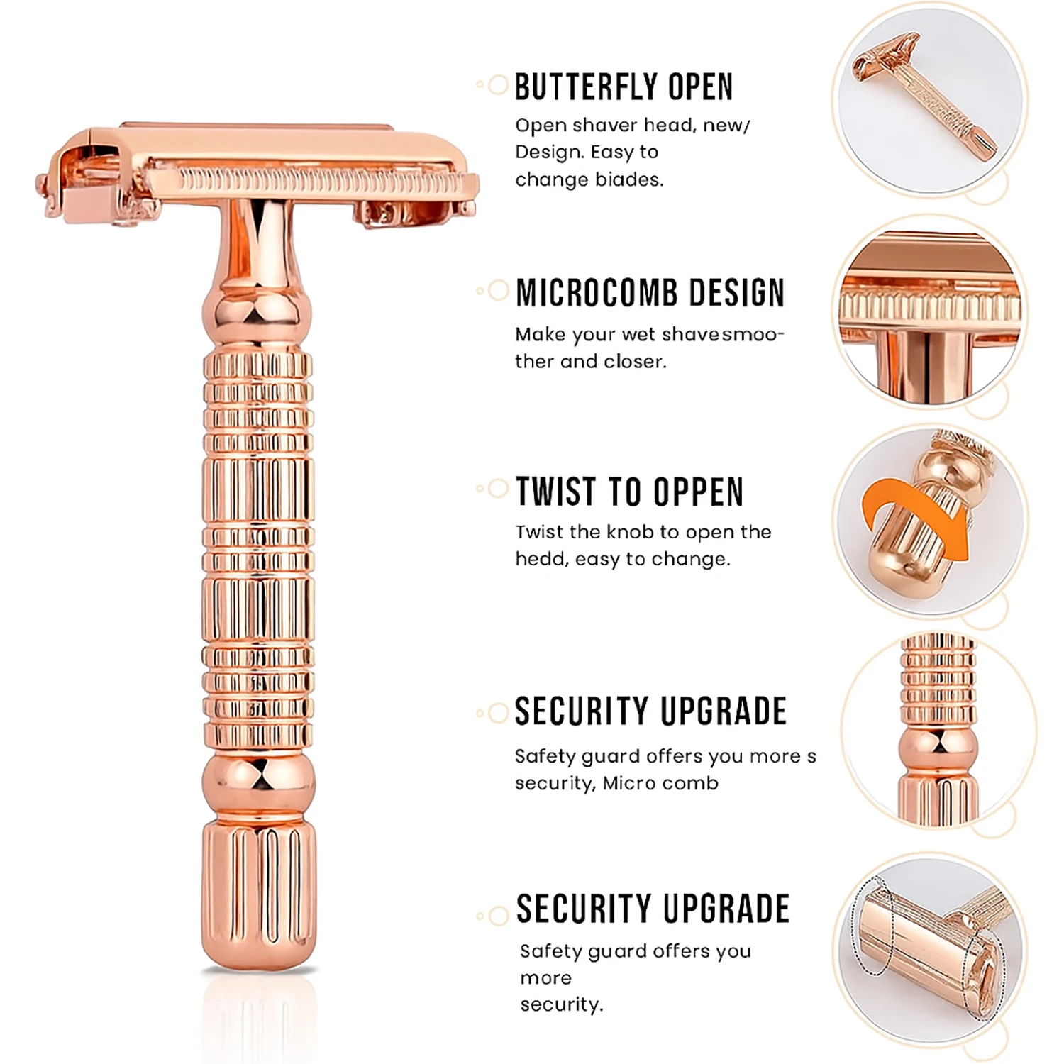 Roségoldener Schmetterlings-Sicherheitsrasierer für Frauen, Umweltfreundlicher Wiederverwendbarer Klassischer Metall-Handrasierer für Gesicht und Körper – Detail 4