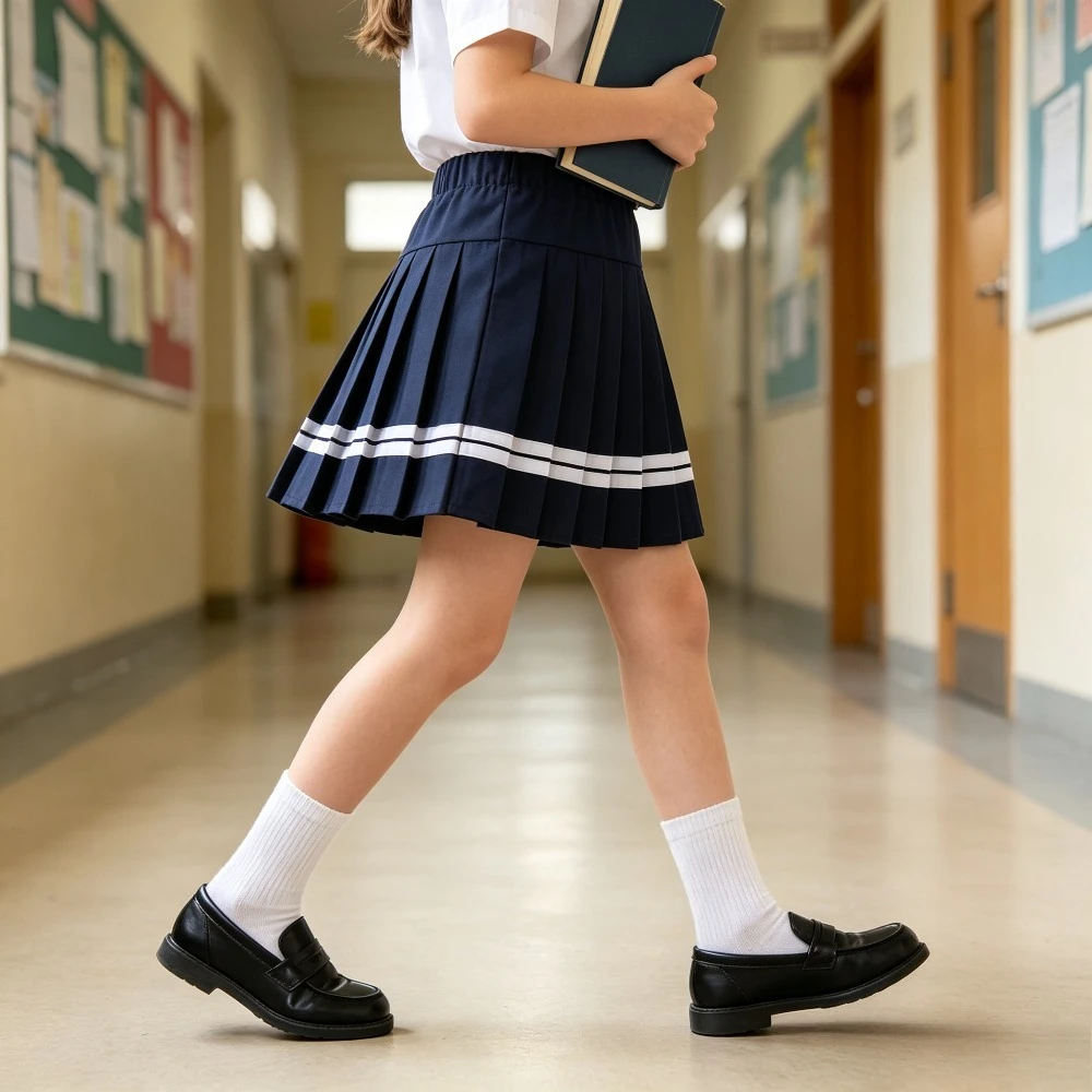 Girls Pleated Skirt Striped Hem Smocked Waist Cheerleader Tennis Skirt Sporty School Casual Navy Blue Bottoms Performance Wear