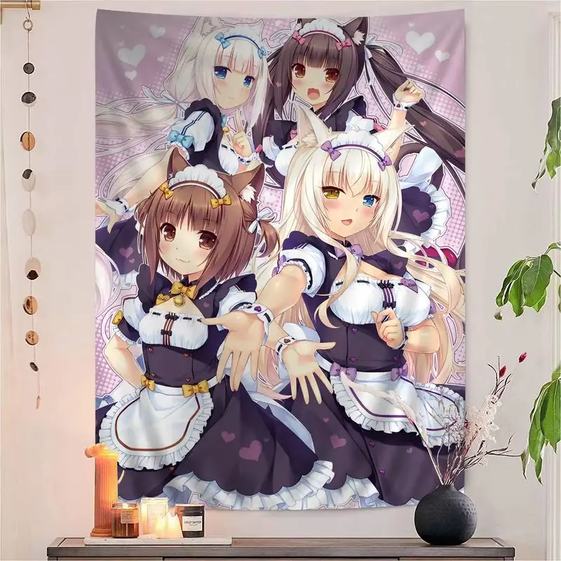 VIKAMA Cat Girl Maid Girl Tapestry Wall Hanging Home Decor for Bedroom Living Room Dorm Cute Chocolate Pink Blue Aesthetic