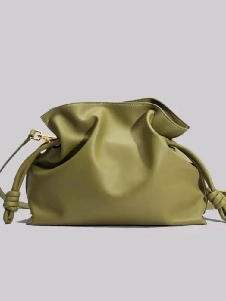 Women Casual Large Capacity Bucket Bag Ruffles String Cow Real Leather Shoulder Bag Female Strap Shopping Crossbody Bags Brown
