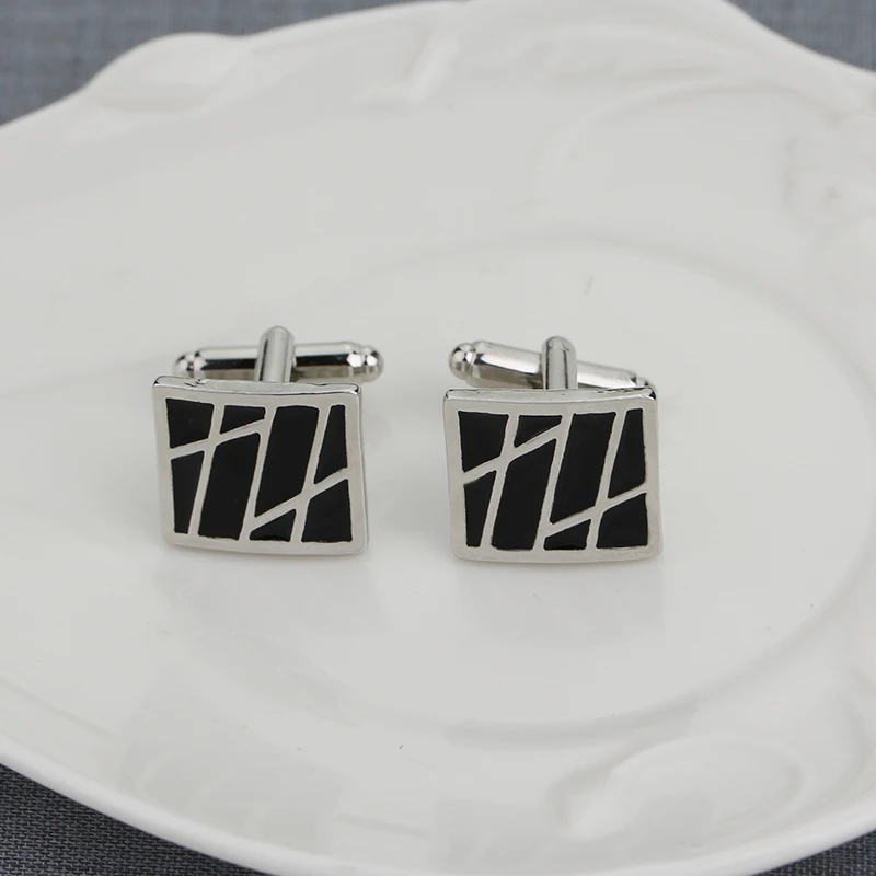 أزرار أكمام رجالي بتصميم شبكي مخطط باللون الأسود المضحك وزر أكمام على شكل مربع #2