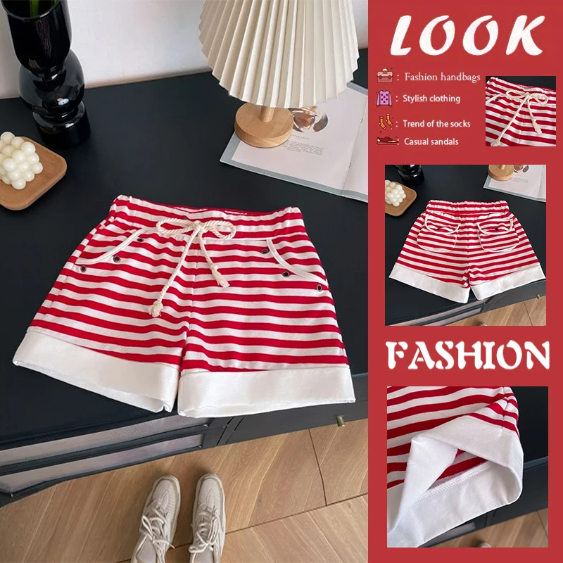 

Red Striped Drawstring Cuffed Shorts Casual Summer Sportswear Women's Fashionable Wear-Resistant Pants Regular Length