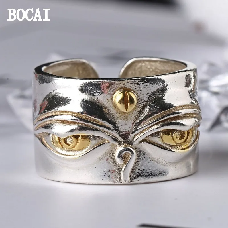 BOCAI New S925 Silver Handcrafted Ethnic Style Inlaid Copper Tianwen Buddha's Eye Ring Casual For Men And Women Gift