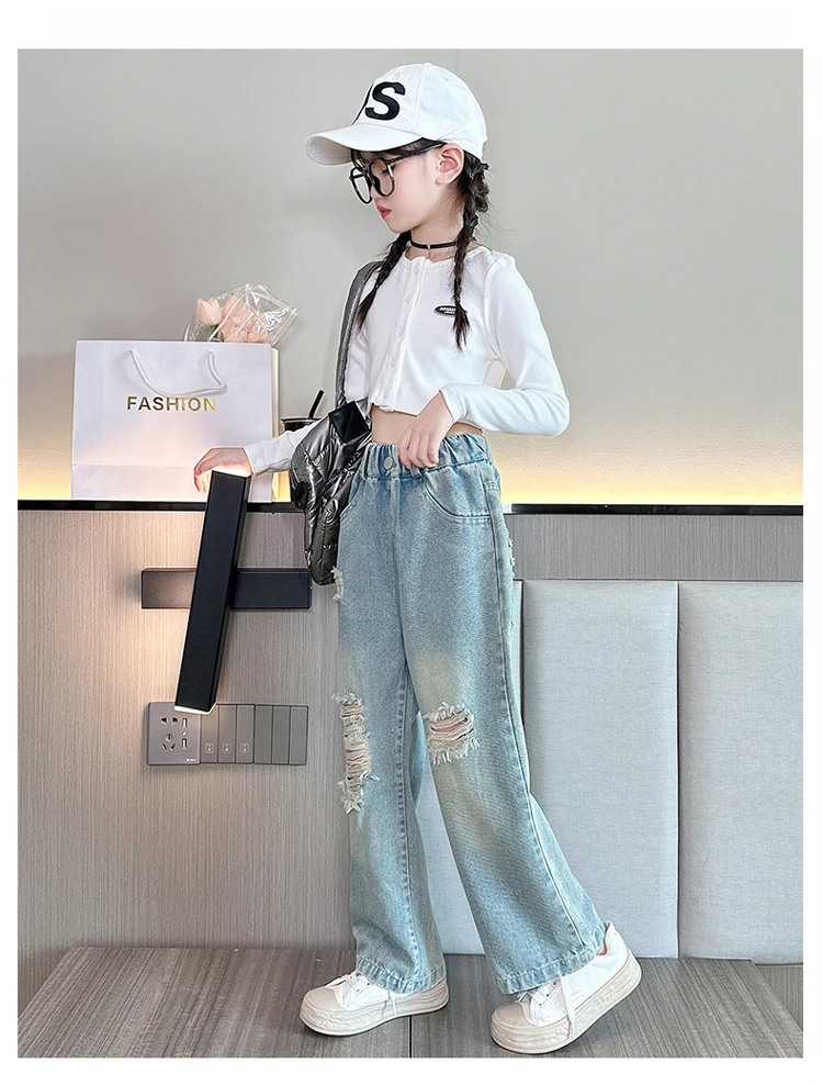 Cowgirl Ripped Jeans mit Löchern für Kinder Mädchen, lässiger Stil, zerrissene Denim-Hosen, Frühling Herbst Kinder High Street Kleidung 5 bis 14 Jahre – Detail 5