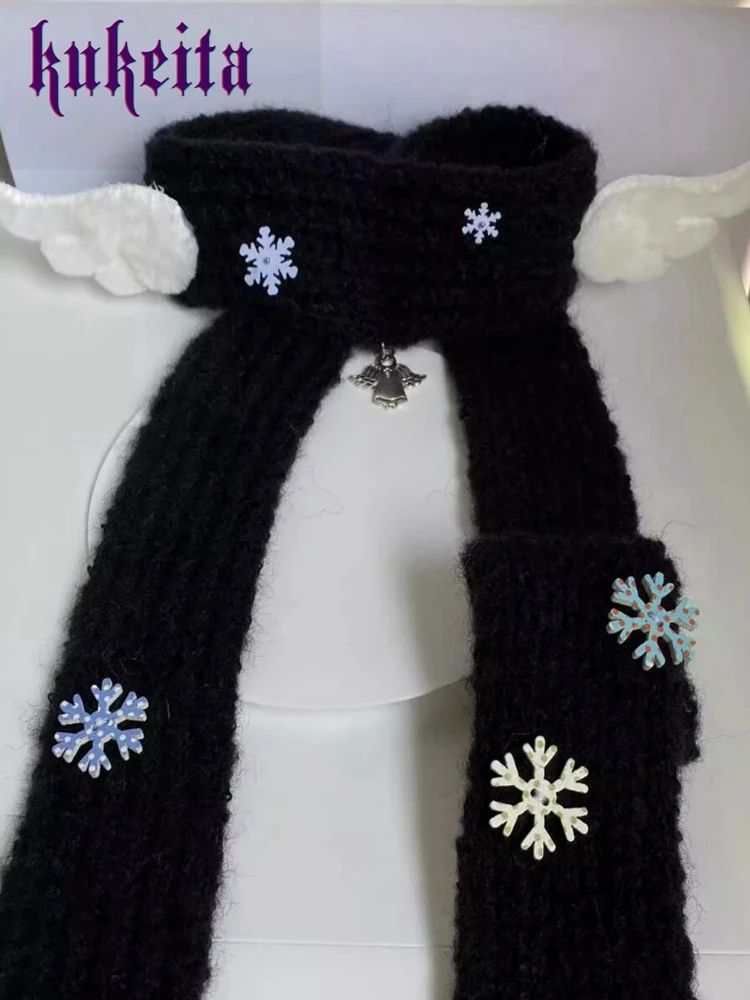 Kukeita Harajuku Black White Plush Angel Wings Scarf Women Y2k Japanese Kawaii Winter Snowflakes Warm Knitted Long Scarves