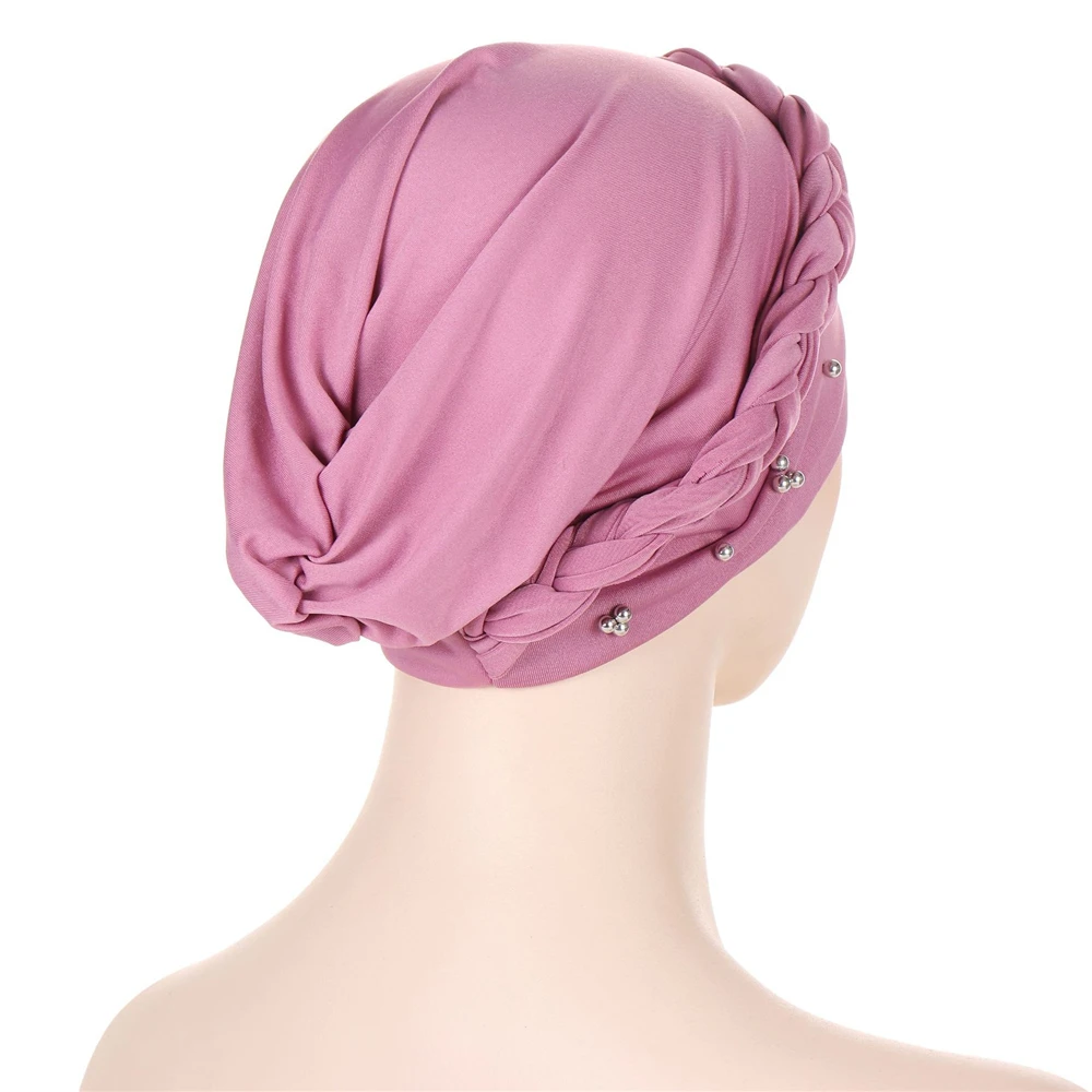 Mulheres muçulmanas grânulos trança turbante quimio boné hijab headscarf gorro chapéu perda de cabelo câncer chapéus indiano cabeça envoltório capa turbante mujer