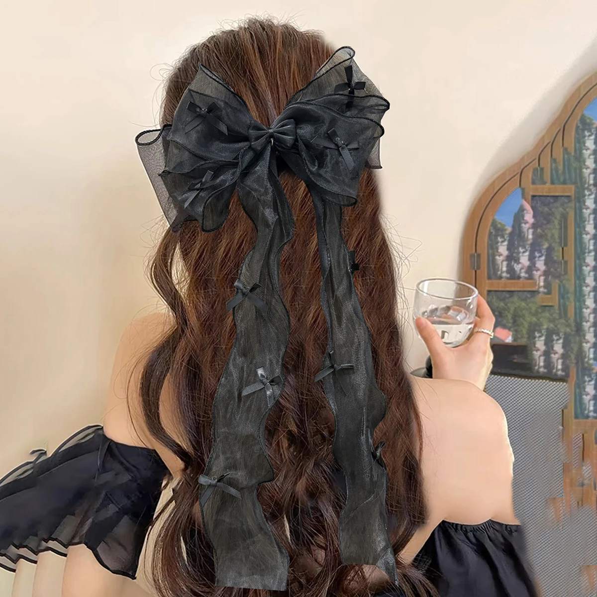 

AWAYTR 1Pc Sweet Lace Bow Hair Clip Bow Barrettes Hairpin with Long Tail Ribbon for Women Valentines Wedding Hair Accessories