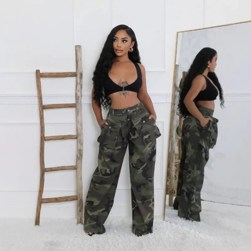 

Camouflage Print Zipper Pockets Cargo Pants Women Fashion Elastic High Waist Button Loose Casual Straight Trousers Streetwear