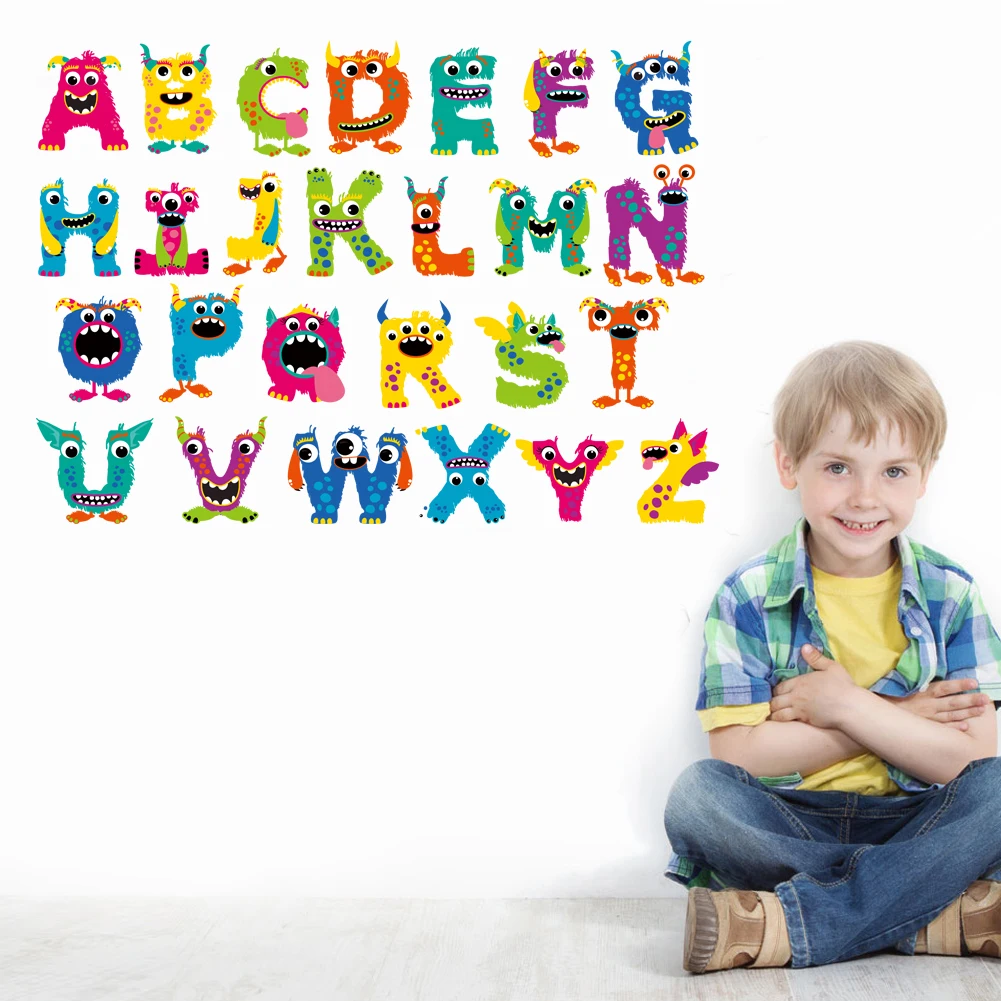 Cartoon 26 letters cute big eye animal wall stickers for rooms for kids home decoration children wall decal poster mural