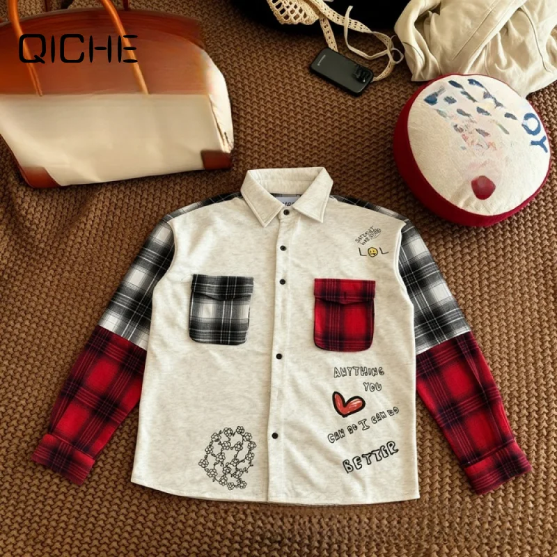 QICHE 2026 New Fake Two Piece Long Sleeve Shirt Spring Autumn Vintage Distressed Plaid Splicing Graffiti Print Blouse