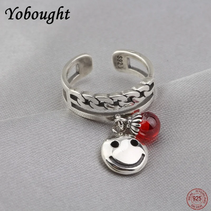 

New S925 Pure Silver Smiling Face Ring For Women Korean Version Retro Fashion Creative Thai Silver Pomegranate Red Jewelry