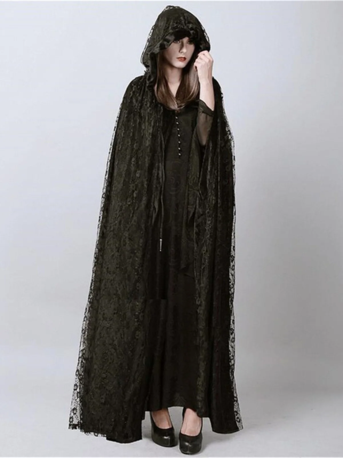 เสื้อคลุมผ้าทูลล์ลูกไม้แบบมีฮู้ดสำหรับคอสเพลย์แม่มด  ชุดแสดงแฟชั่นฤดูร้อนสำหรับผู้หญิง