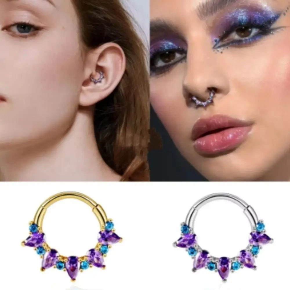 Fashion Gold Color Nose Rings Surgical Steel Septum Ring Purple Earrings Cubic Zirconia Falso Women Gift Body Piercing Jewelry