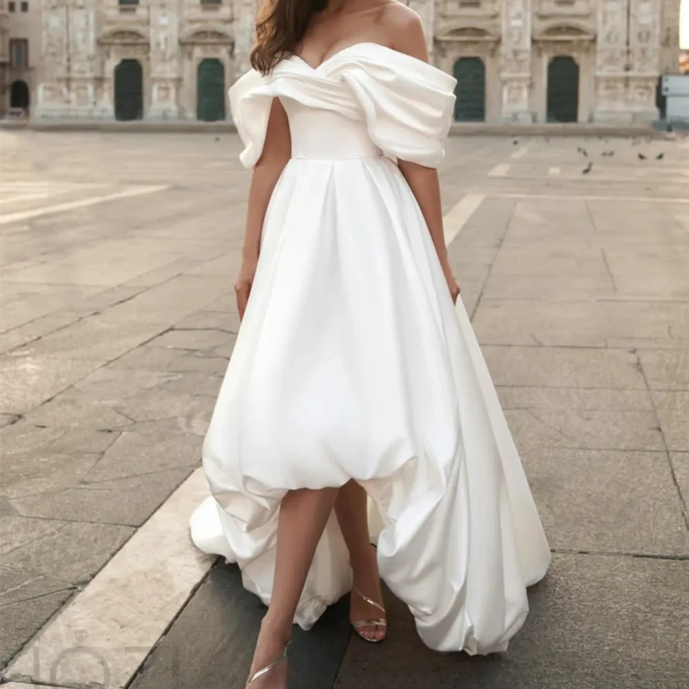 

Elegant Long Ivory Off the Shoulder Taffeta Wedding Dresses Short Sleeves Asymmetrical Sweep Train Vestido De Noivas