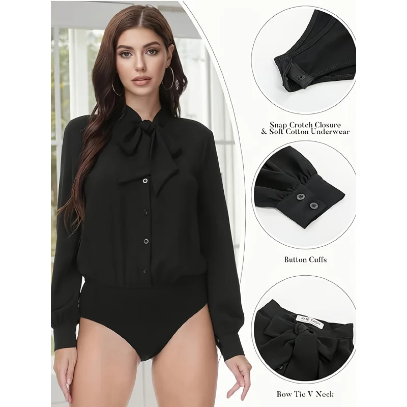 Ladies' Spring, Summer, Autumn Bow Collar Office Shirt Button Fashionable Commuting High-end Elegant Simple Slim Fit
