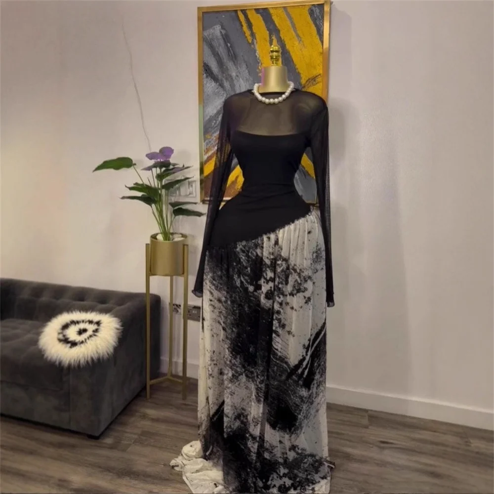 

High Quality Women Mesh Print Long Sleeve O-neck Elegant Maxi Dress Birthday Holiday Evening Sexy Party Dresses Club Vestidos