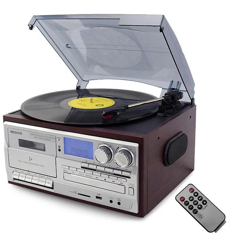 2026 Multifunction Retro Gramophone 3-Speed BT Stereo Vintage Turntable LP Vinyl Record Player FM AM CD USB Cassette Encode