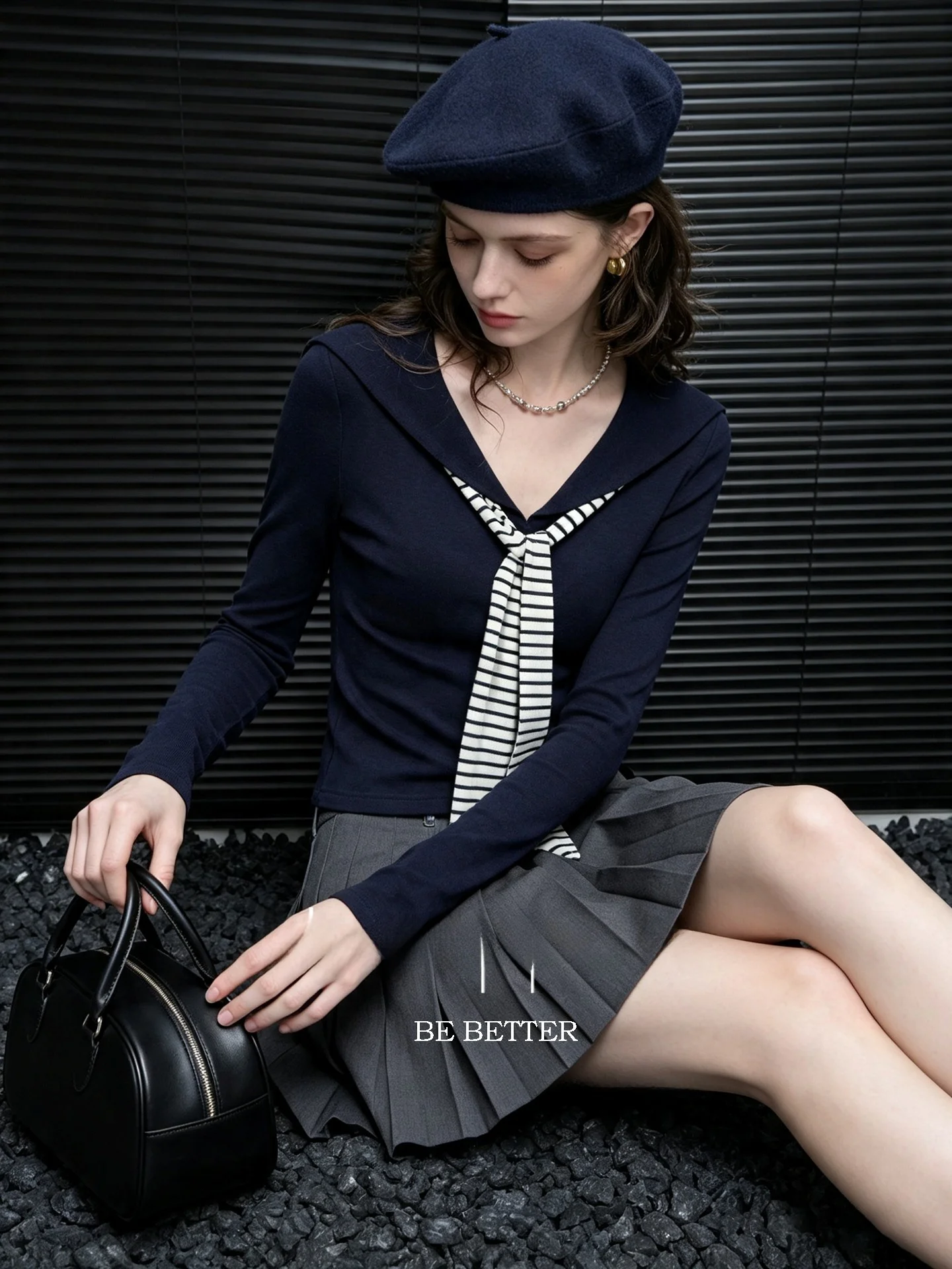 Huaappuw Navy Collar Striped Long Sleeve T-Shirt Women's Autumn New Style College Style Top French Style Universal Fit Standa...