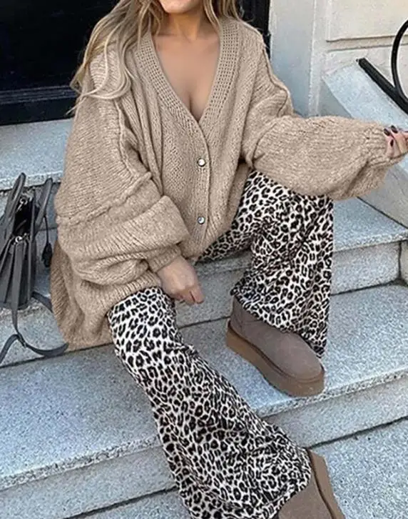 

Осенне-зимняя однотонная свободная вязаная куртка с v-образным вырезом на пуговицах для женщин, повседневная простая куртка-свитер с рукавами-фонариками