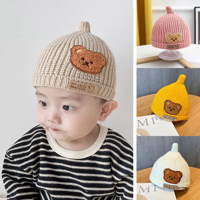 

Cute Baby Bear Knitted Hat Winter Warm Toddler Pullover Cap Solid Color Woolen Crochet Bonnet 5-24Month Boy Girl Children Beanie