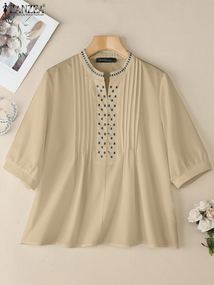 

ZANZEA Vintage Half Sleeve Summer Tops Women Blouse Embroidery Puff Sleeve O Neck Buttons Streetwear Blusas Solid Party OL Tunic
